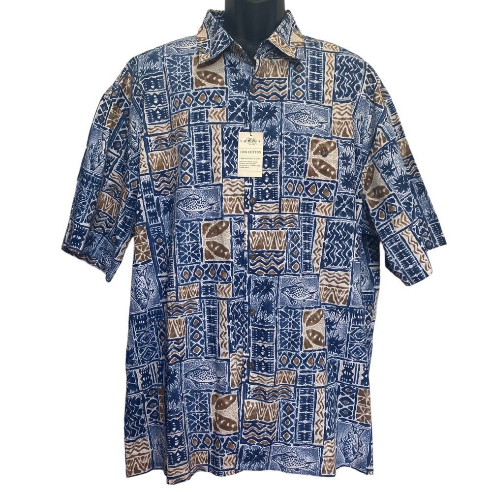 Men's Short-Sleeve Printed Button-Down Shirt - Blue & Brown
